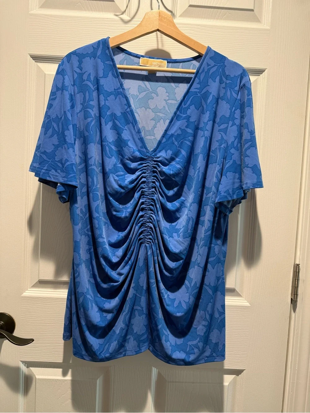 Michael Kors Royal Blue V-Neck Ruched Front Blouse